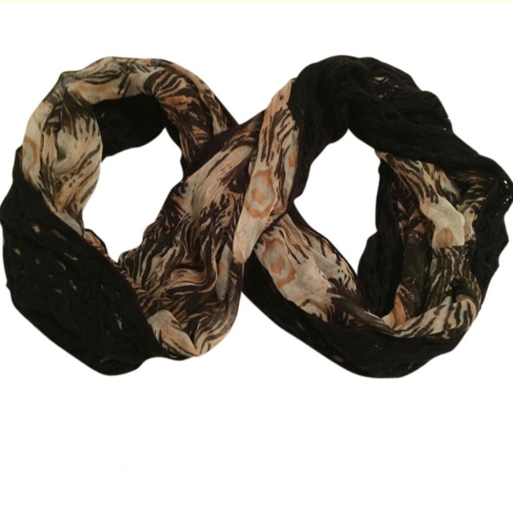 Black, Gold & Cream Reversible Infinity Scarf NWOT